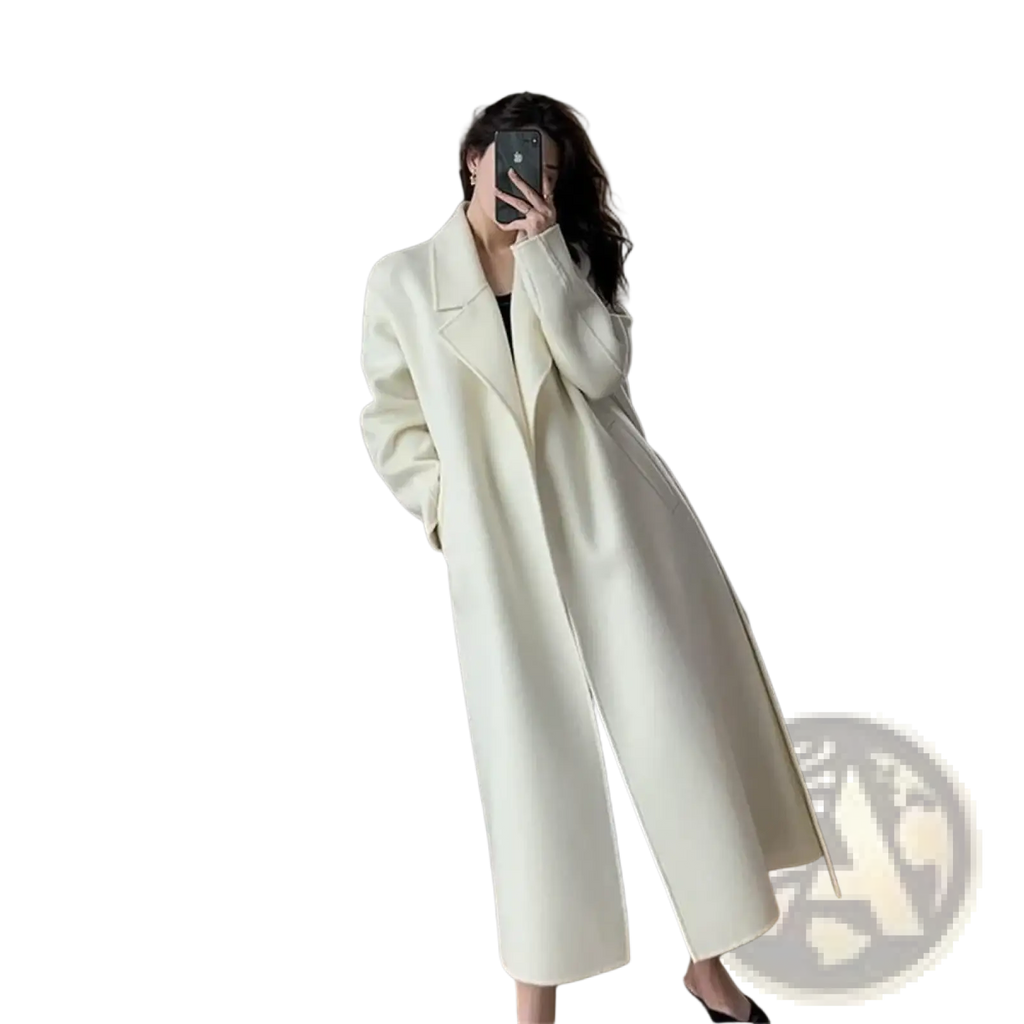 Cream-colored wool belted long winter coat for women with a classic double-breasted design and wide lapels