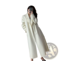 Cream-colored wool belted long winter coat for women with a classic double-breasted design and wide lapels