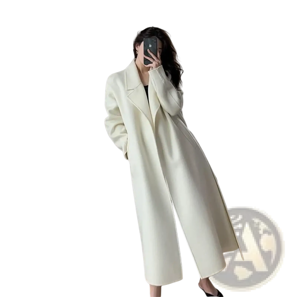 Cream-colored wool belted long winter coat for women with a classic double-breasted design and wide lapels
