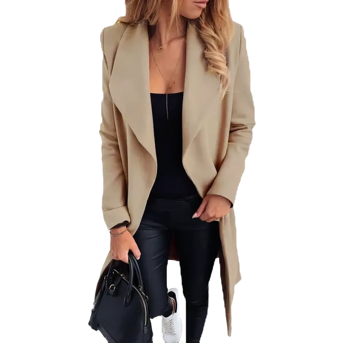 Beige wool blend trench coat for women winter with classic collar and long sleeves lapel jacket design