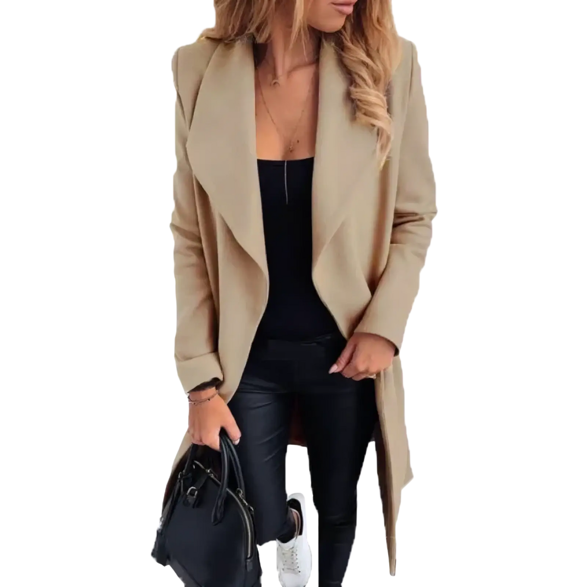 Beige wool blend trench coat for women winter lapel jacket with relaxed fit and long sleeves