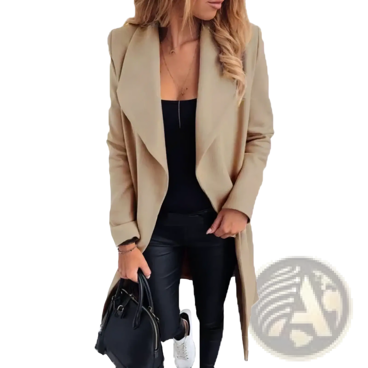 Beige wool blend trench coat for women winter lapel jacket with relaxed fit and long sleeves