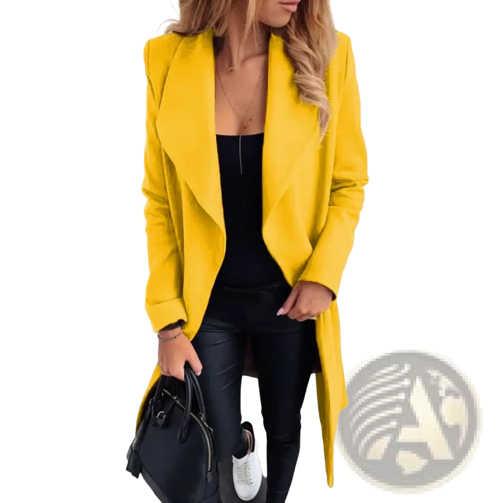 A vibrant yellow wool blend coat for women featuring a longline silhouette and subtle lapel detailing for winter