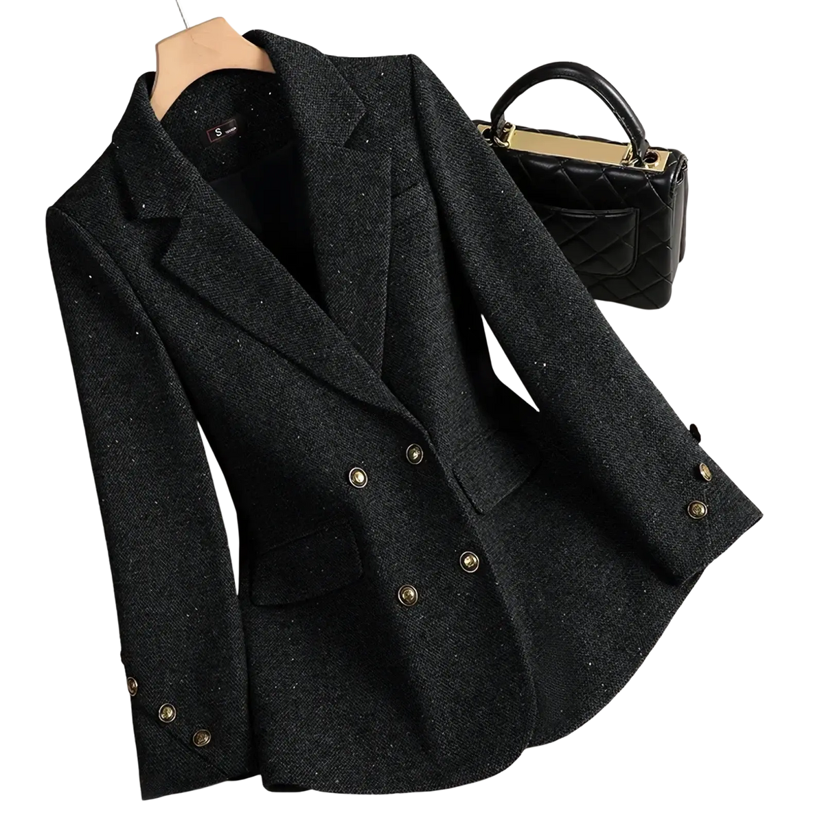 Wool blend double breasted blazer in black with textured shimmer and gold toned buttons for formal wear