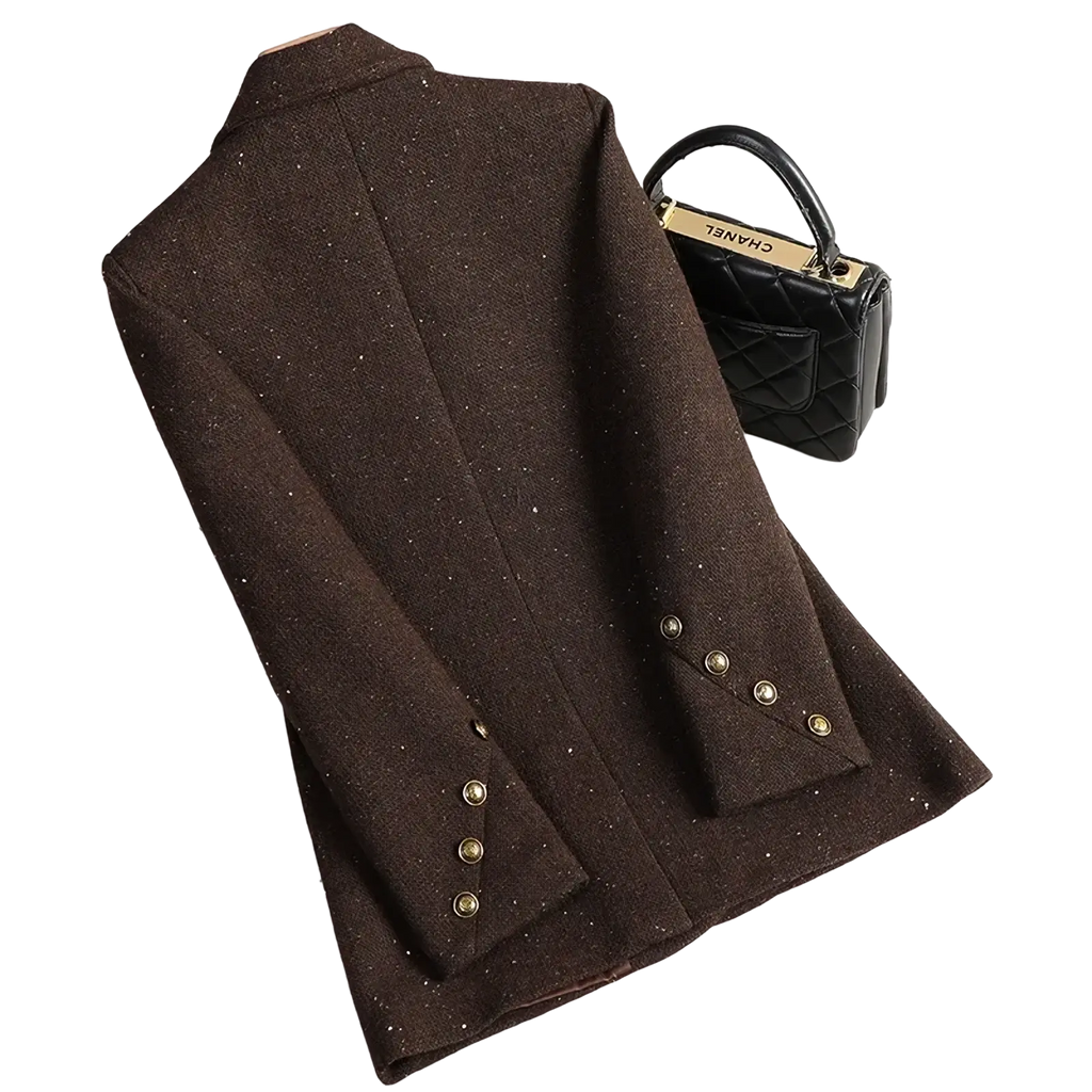 Brown glittery wool blend double breasted tweed blazer with gold tone buttons for formal wear
