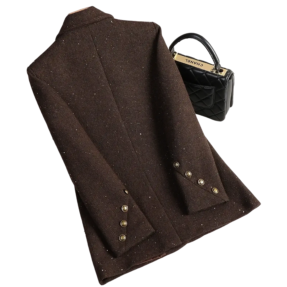 Brown glittery wool blend double breasted tweed blazer with gold tone buttons for formal wear