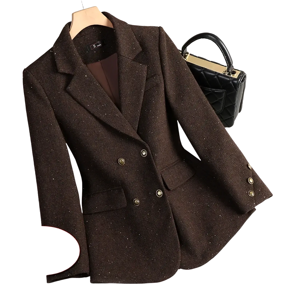 Wool blend double breasted blazer in brown with textured fabric, subtle glittery speckles, and gold toned buttons