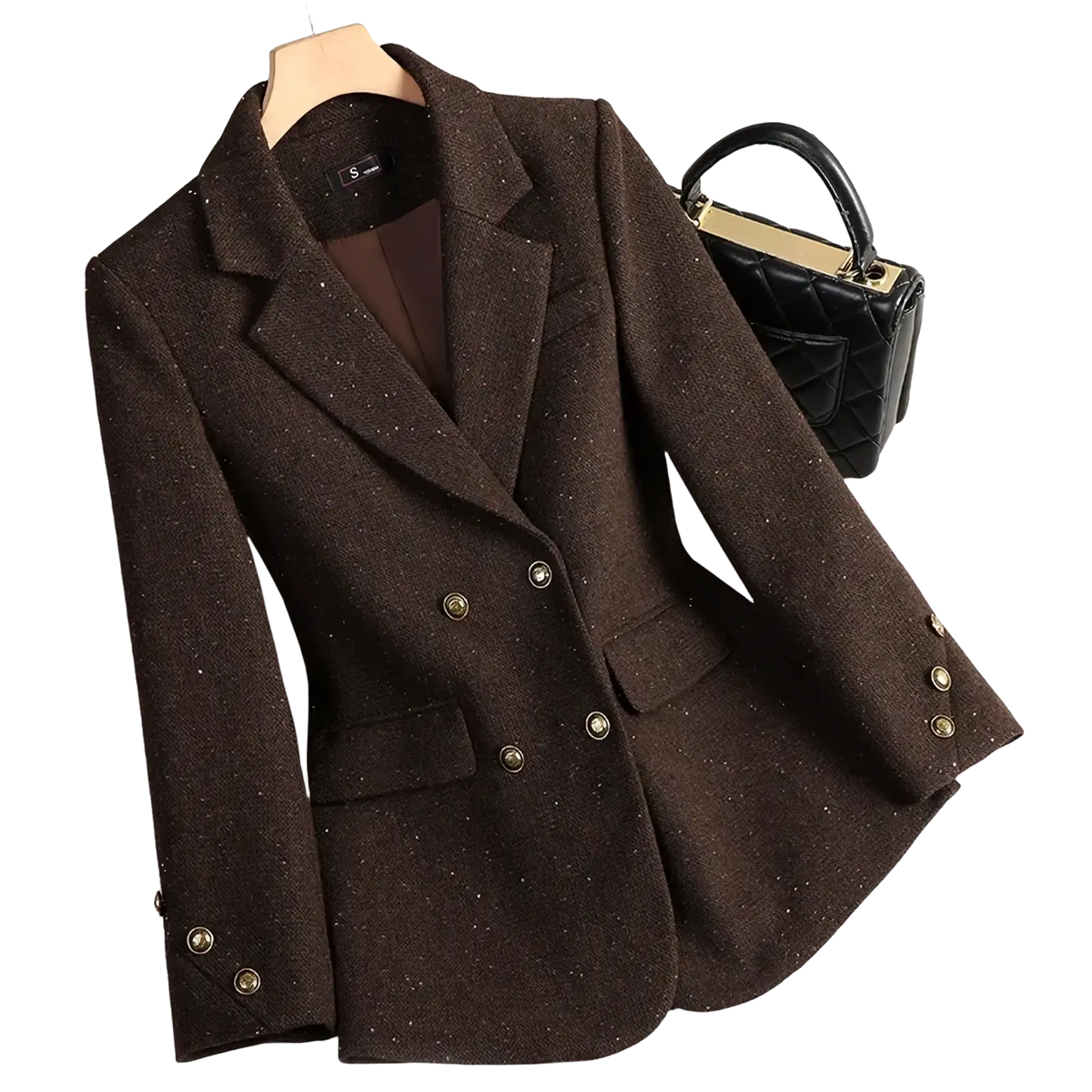 Wool blend double breasted blazer in brown tweed with subtle glitter speckles and gold toned buttons