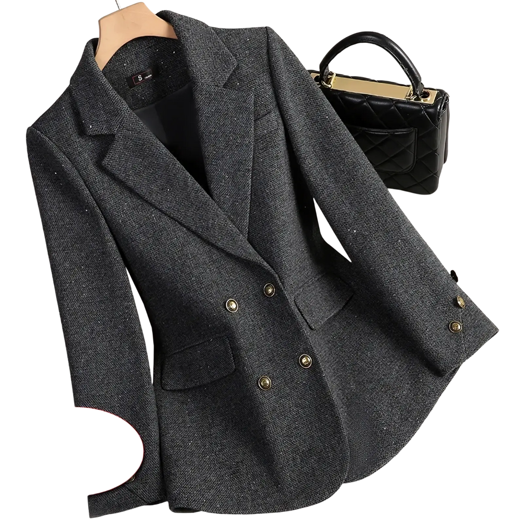 Dark gray wool blend double breasted blazer with textured fabric and gold toned buttons for formal wear