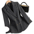 Dark gray wool blend double breasted blazer with textured fabric and gold toned buttons for formal wear