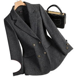Dark gray wool blend double breasted blazer with textured fabric and gold toned buttons for formal wear