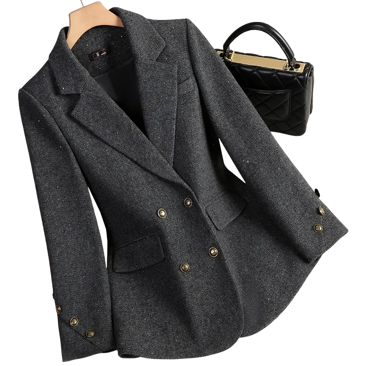 Gray wool blend double breasted blazer with tweed texture and gold toned buttons for formal wear