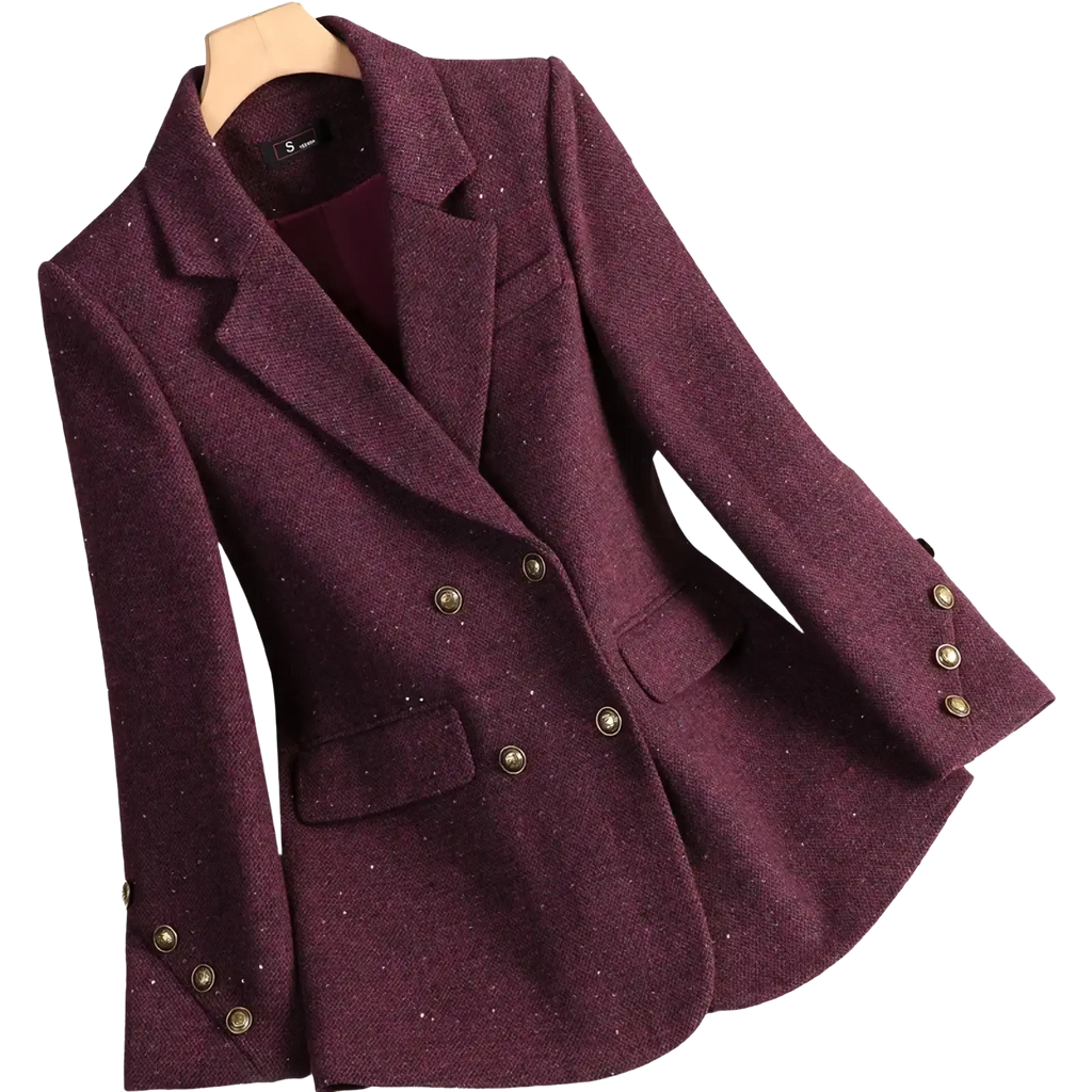 Wool blend double breasted blazer in maroon with textured fabric gold toned buttons and subtle glitter accents