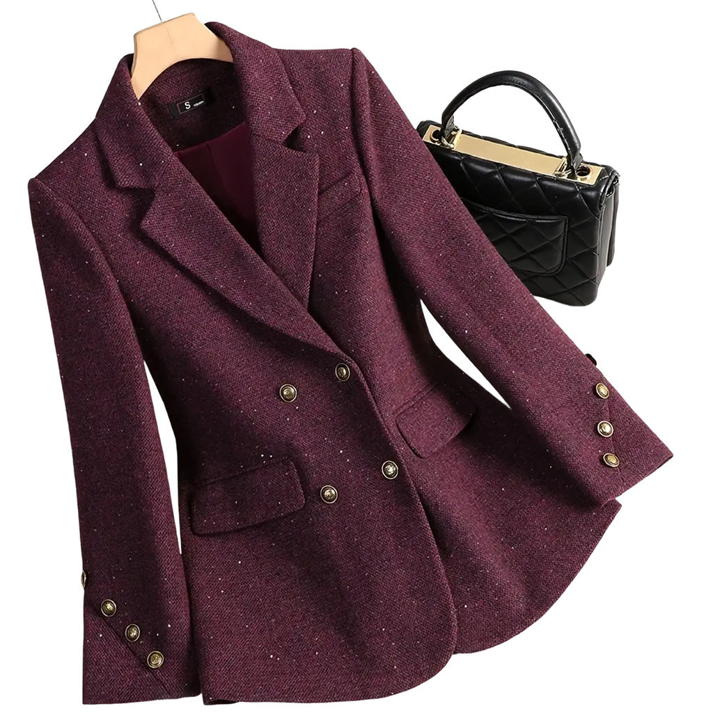 Wool blend double breasted blazer in maroon tweed with gold toned buttons for formal and smart casual wear