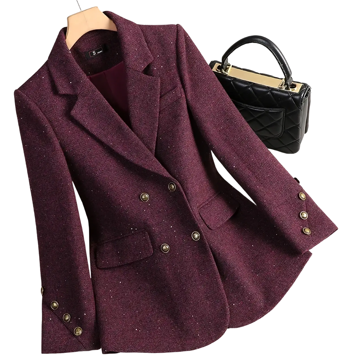 Wool blend double breasted blazer in maroon tweed with gold toned buttons for formal and smart casual wear