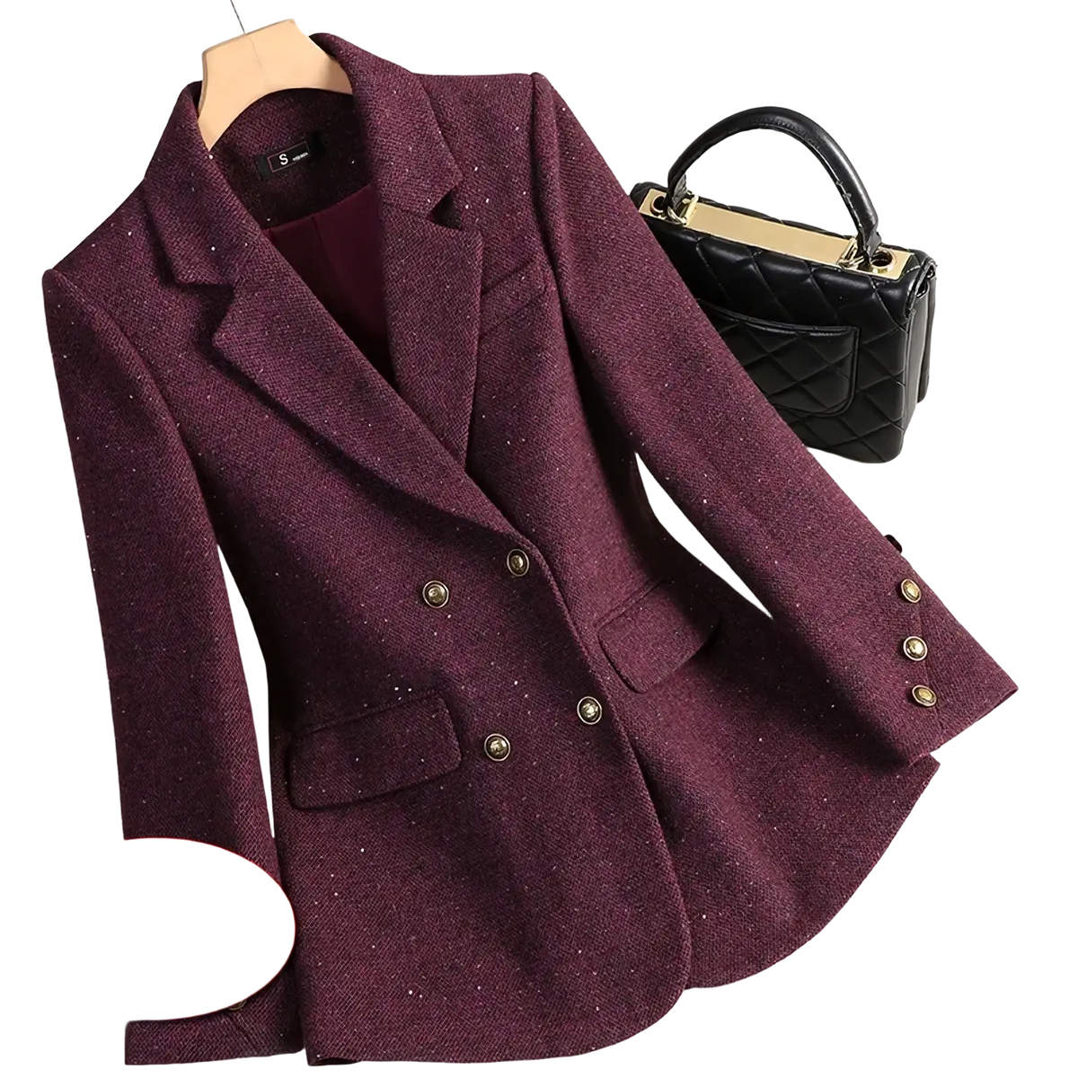 Wool blend double breasted blazer in burgundy with textured glittery fabric and gold toned buttons for formal wear