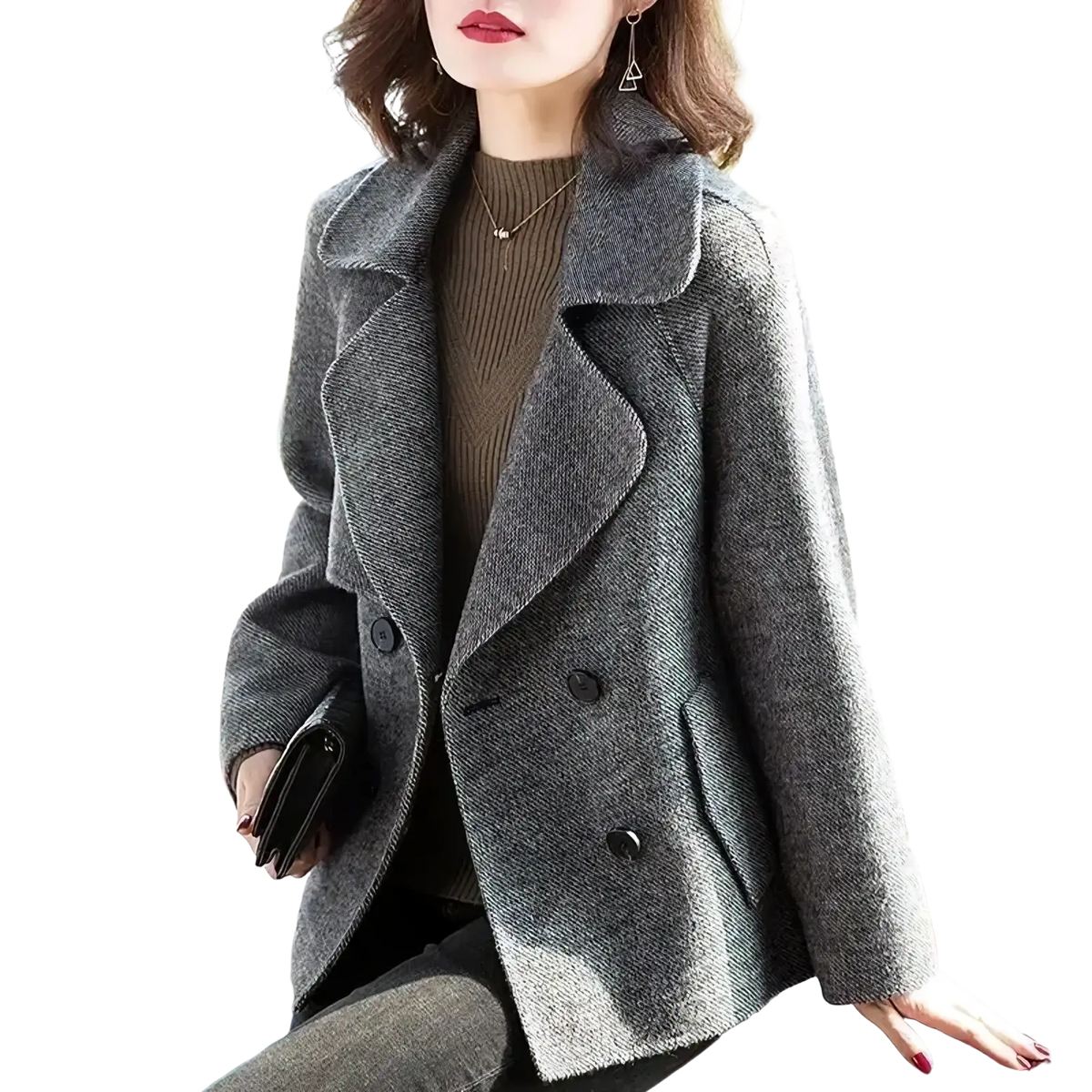 Gray herringbone wool blend double breasted coat for women with black buttons and a tailored fit