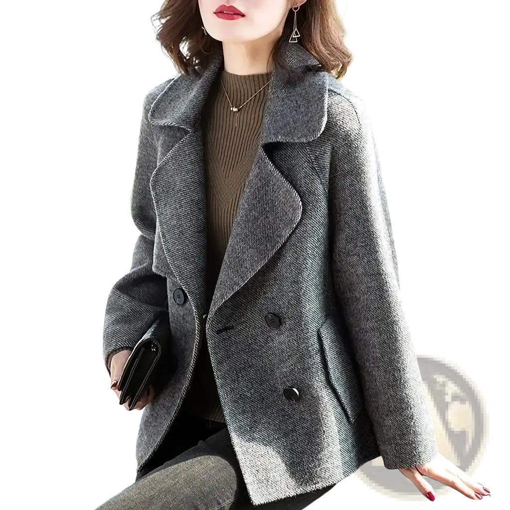 Gray herringbone wool blend double breasted coat for women with black buttons showcasing front view