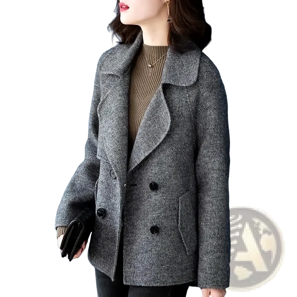 Gray herringbone wool blend double breasted coat for women with black buttons and classic tailored fit