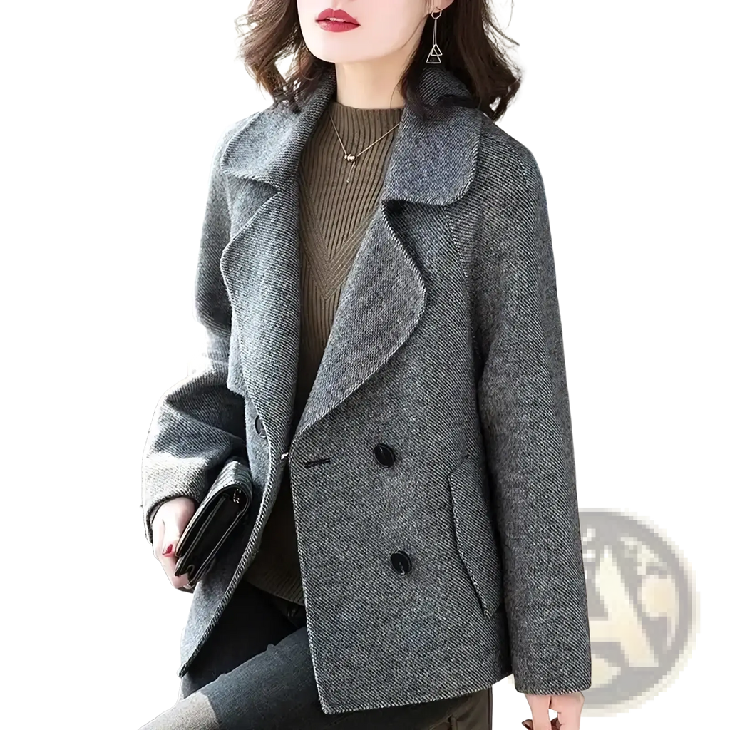 Gray herringbone-patterned wool blend double breasted coat for women with black buttons