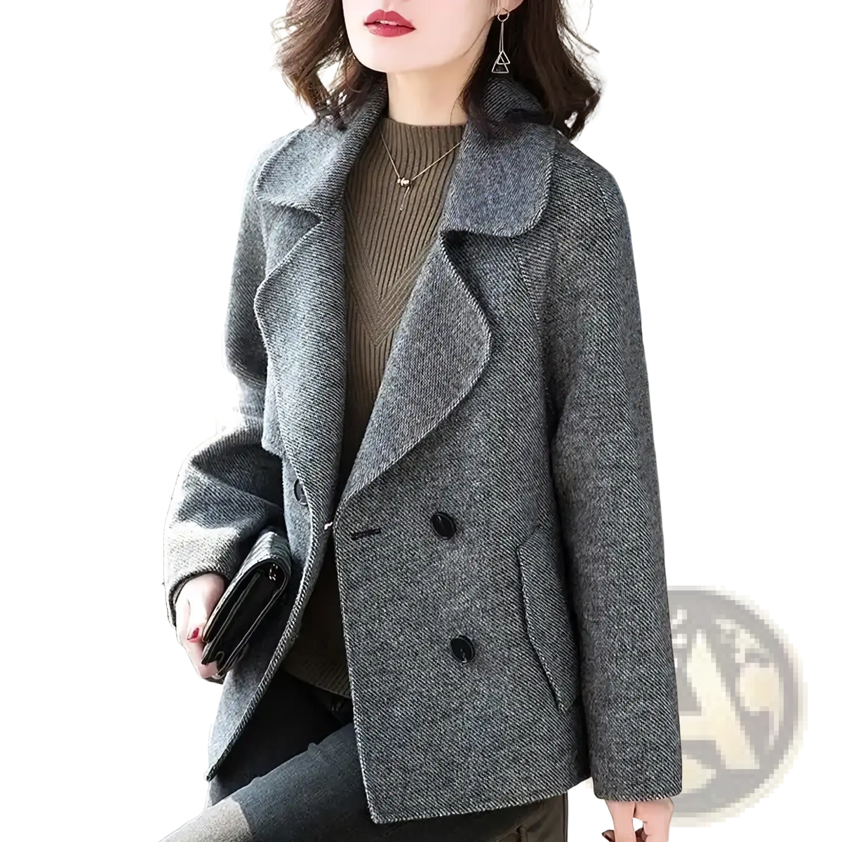 Gray herringbone-patterned wool blend double breasted coat for women with black buttons