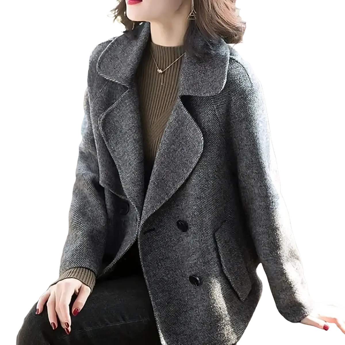 Gray wool blend double breasted coat for women with a notched collar and black buttons, front view