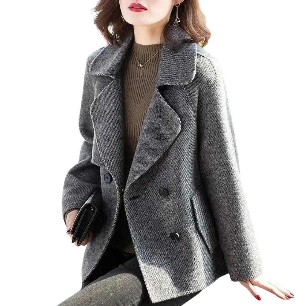 Gray wool blend double breasted coat for women with textured herringbone pattern and black buttons