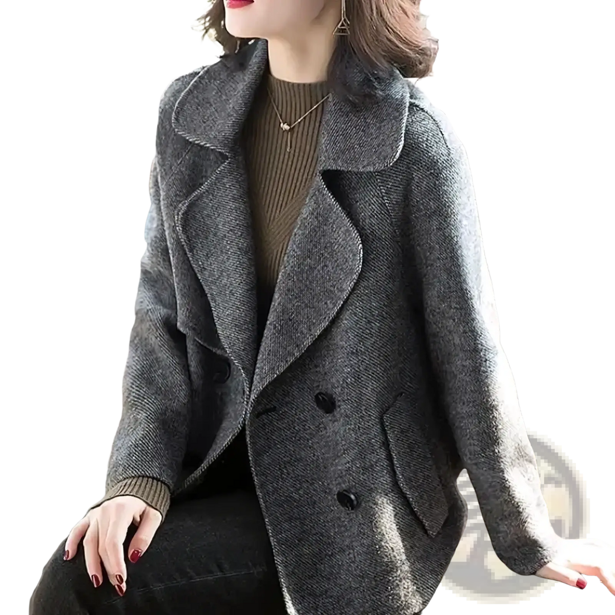 Gray wool blend double breasted coat for women with a notched collar and black buttons, front view