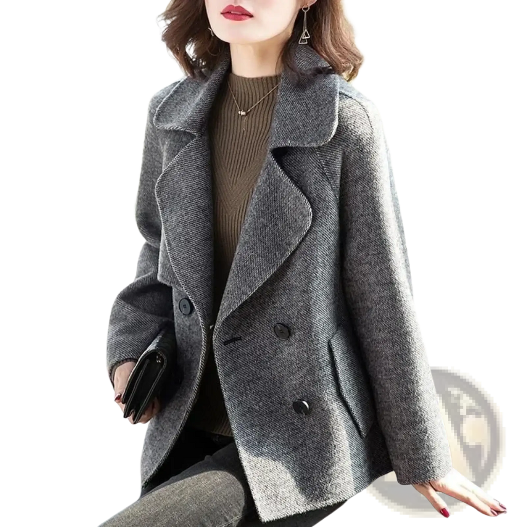 Gray wool blend double breasted coat for women with textured herringbone pattern and black buttons