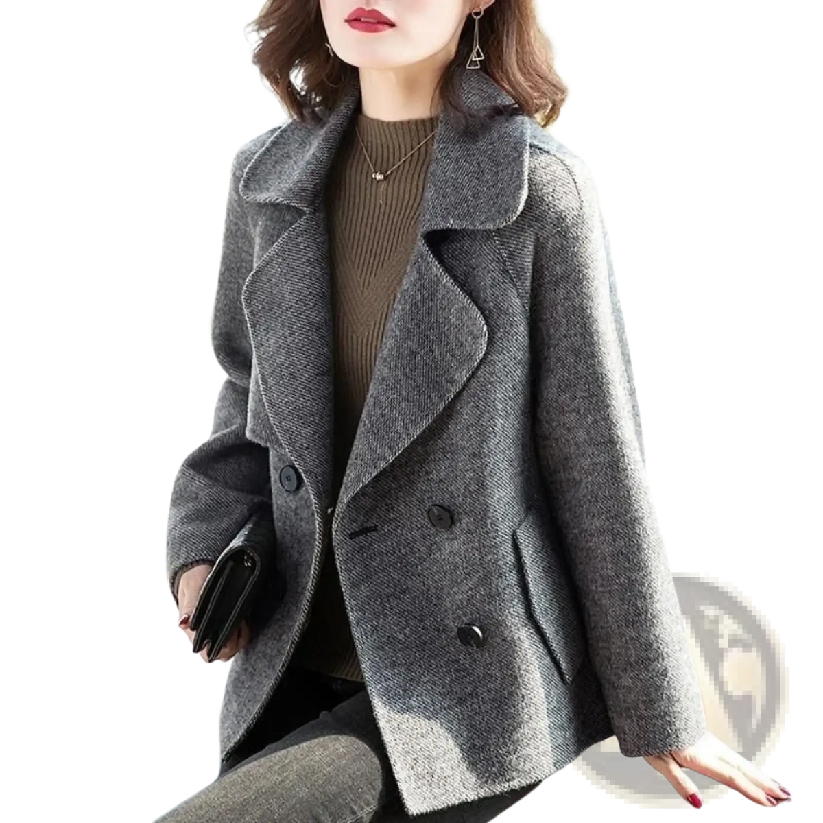 Gray wool blend double breasted coat for women with textured herringbone pattern and black buttons