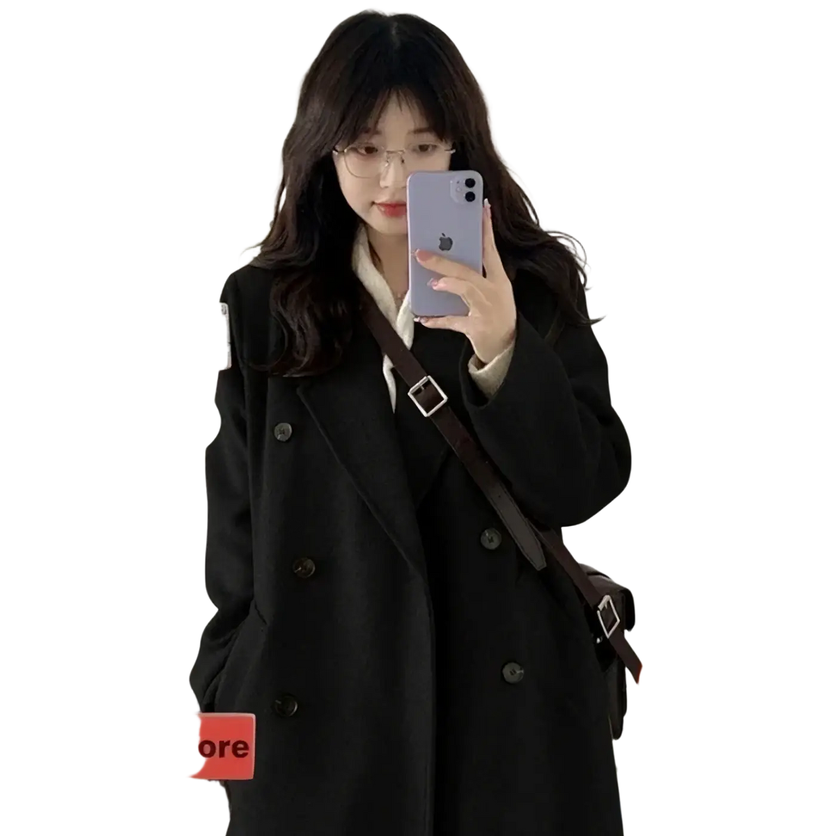 Black wool blend midi coat with thick warm lining and dark brown leather strap designed for cold weather wear