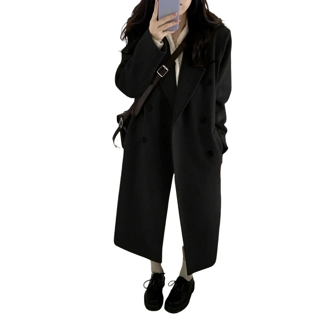 Black wool blend midi coat with double-breasted button front and classic collar for formal outerwear use