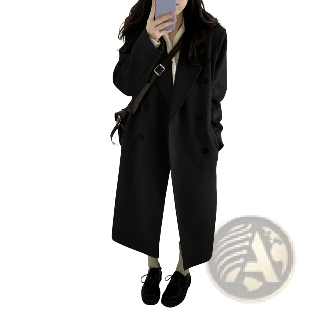 Black wool blend midi coat with double-breasted button front and classic collar for formal outerwear use