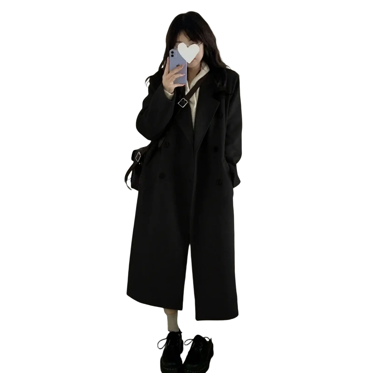 Black wool blend midi coat with double-breasted structured silhouette and silver-toned buckle detailing