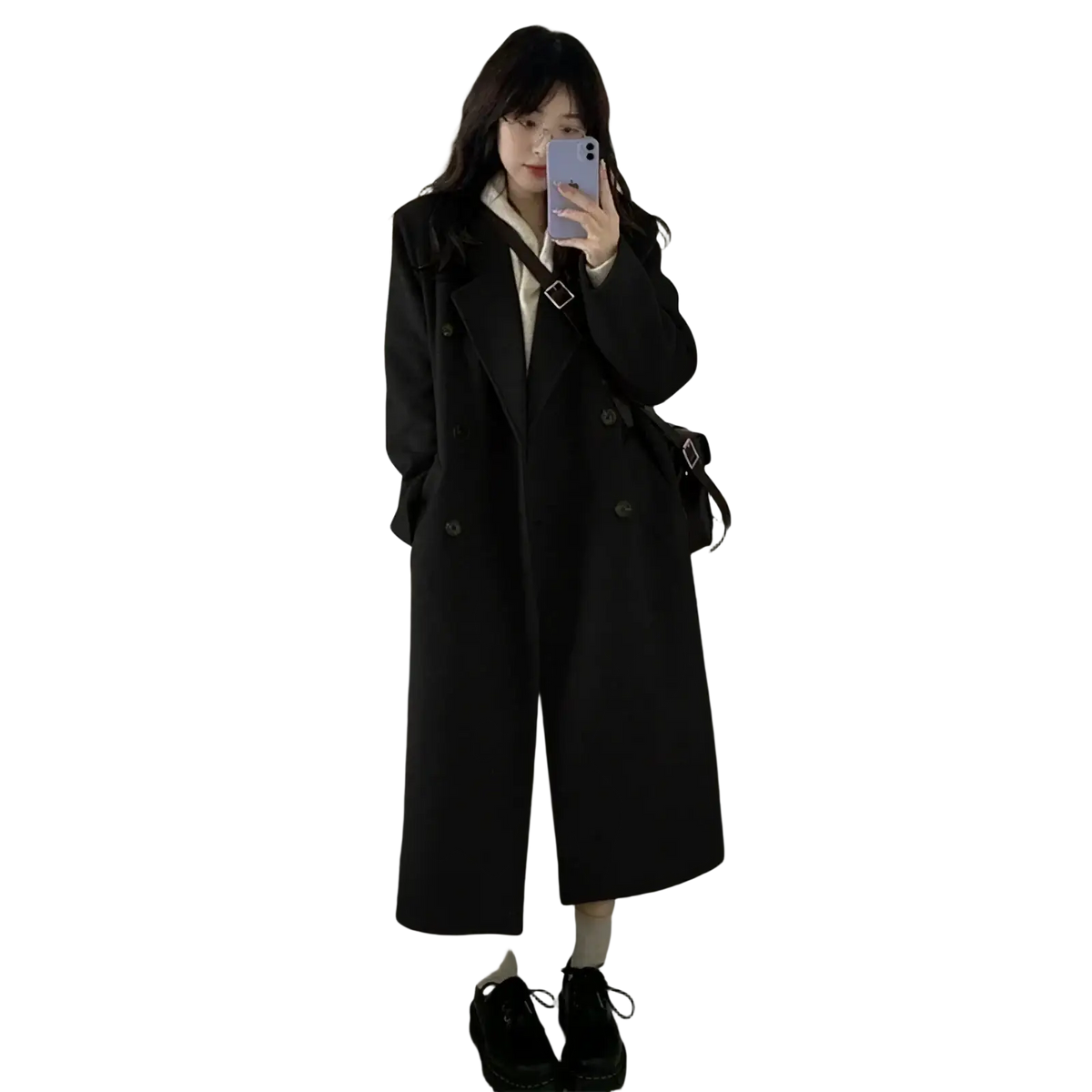 Black wool blend midi coat with classic collar and double-breasted buttoned front trench style