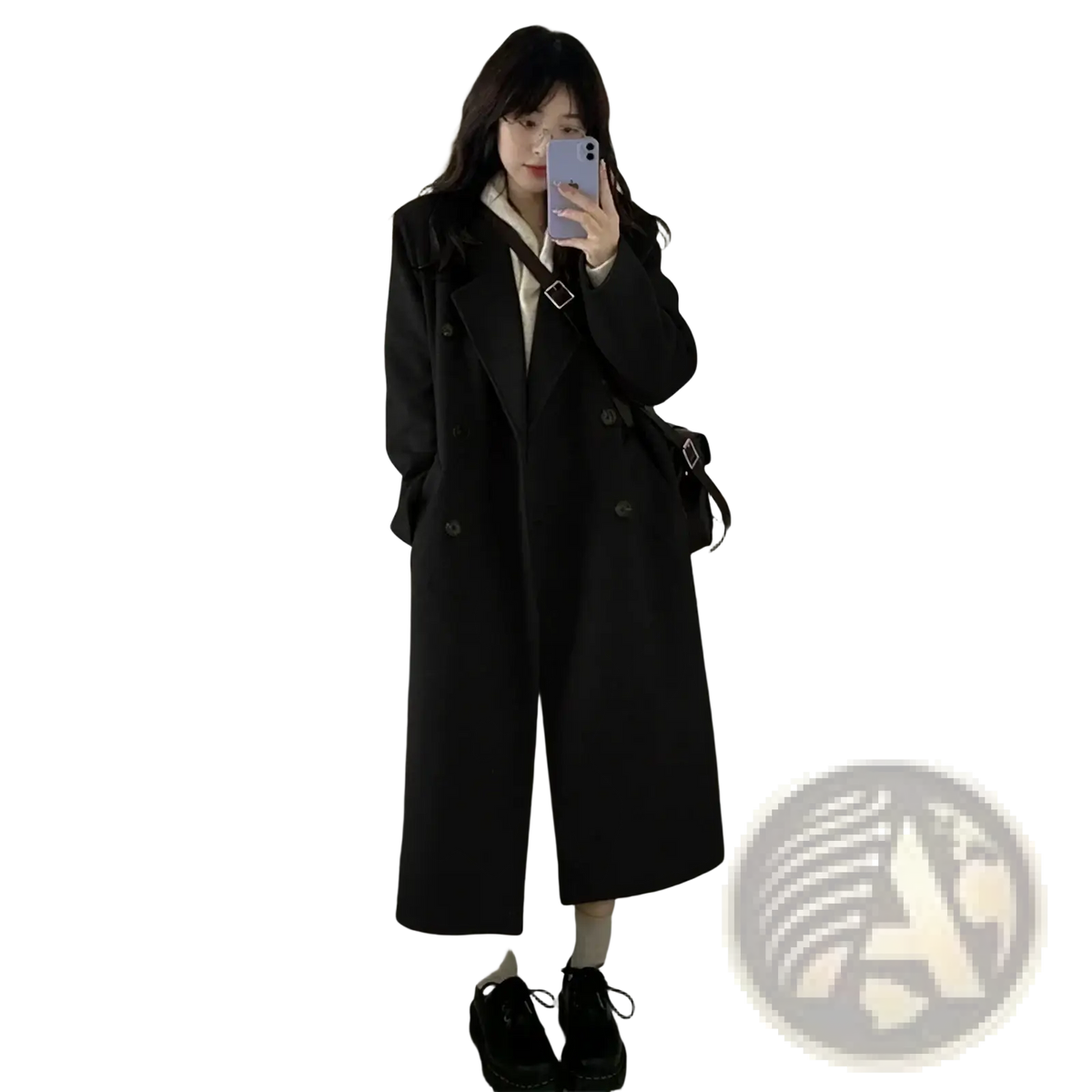 Black wool blend midi coat with classic collar and double-breasted buttoned front trench style