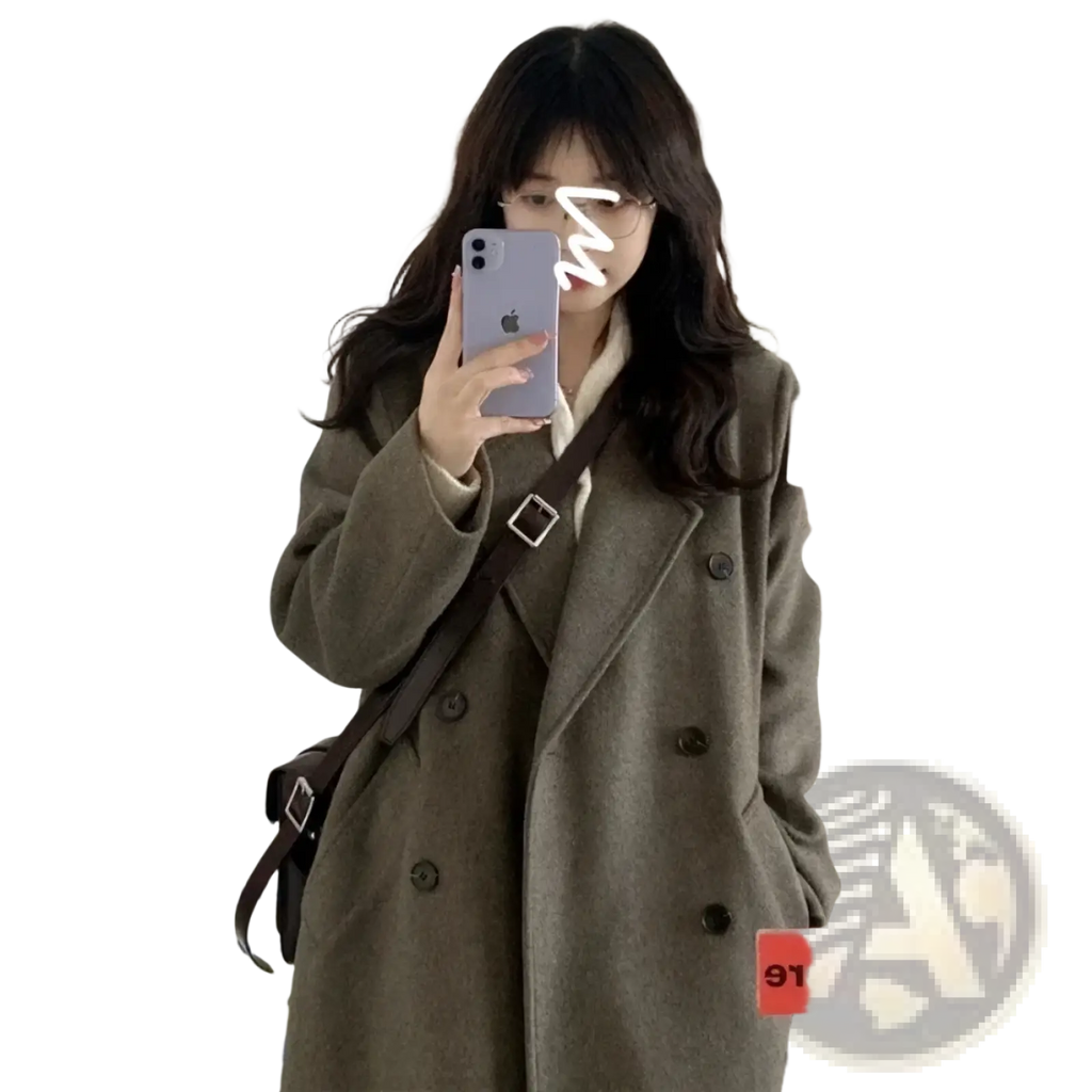 Brown leather crossbody bag with silver buckle and adjustable strap styled with wool blend midi coat
