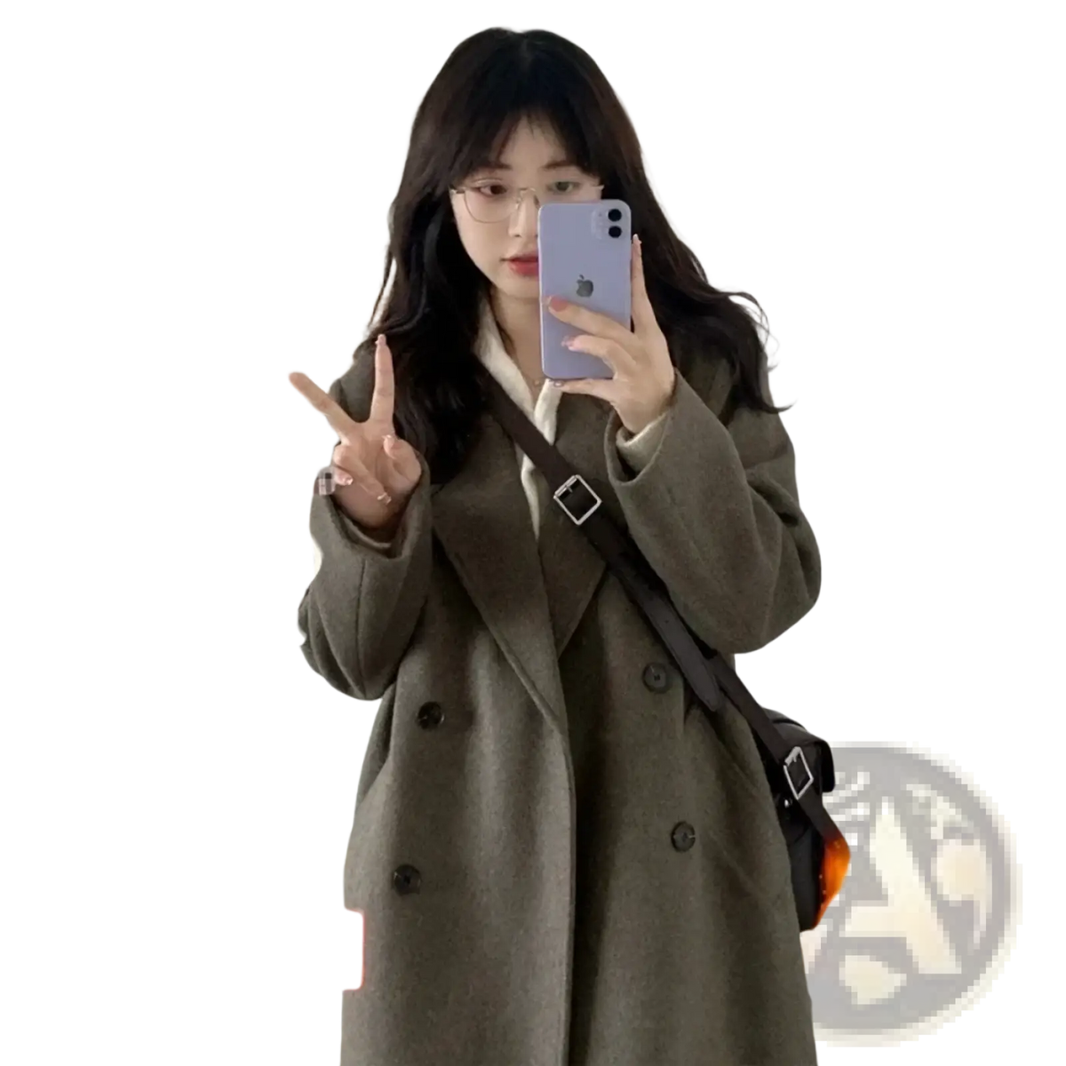 Olive green wool blend midi coat with double-breasted design black shoulder strap and silver-toned buttons