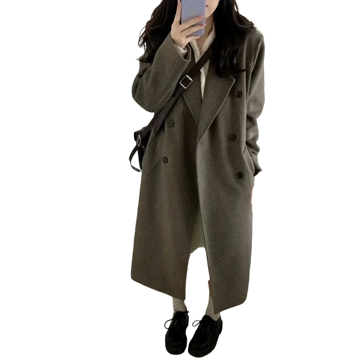 Wool blend midi coat in olive green with double-breasted black buttons and a structured collar made of wool