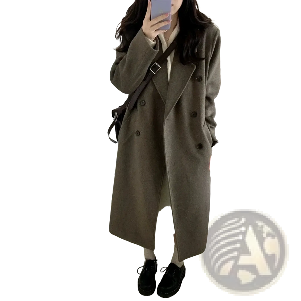 Wool blend midi coat in olive green with double-breasted black buttons and a structured collar made of wool