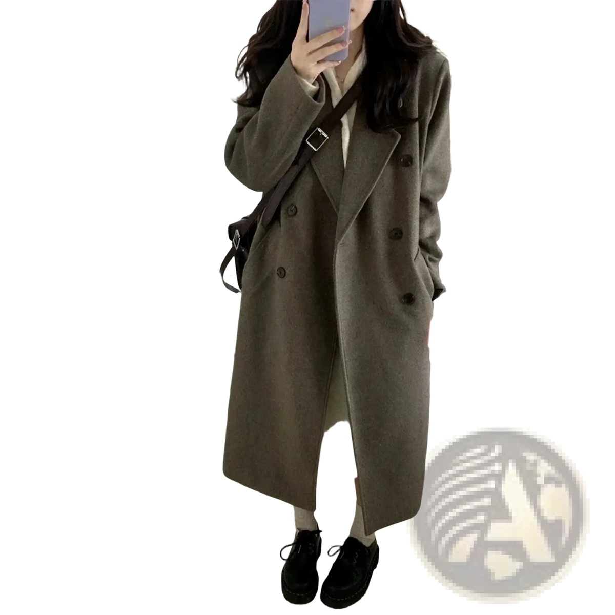 Wool blend midi coat in olive green with double-breasted black buttons and a structured collar made of wool