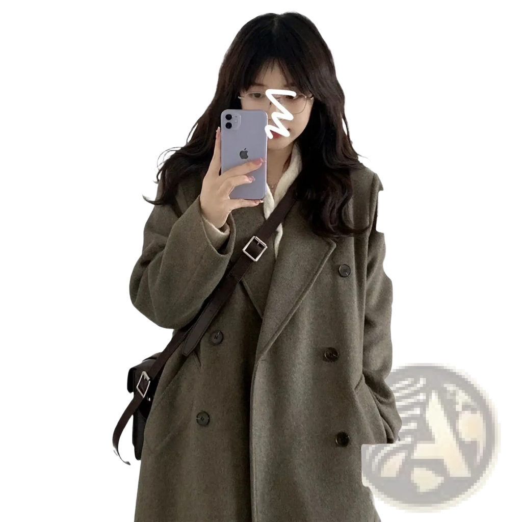 Olive green wool blend midi coat with double-breasted front and dark brown leather strap with silver-toned buckle