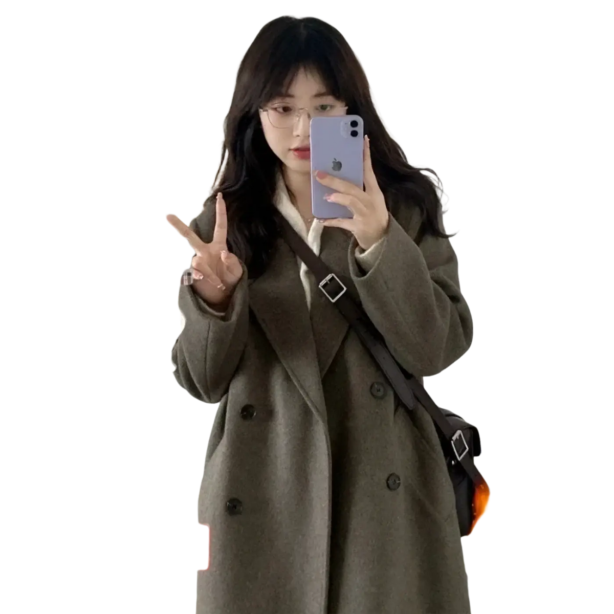 Olive green wool blend midi coat with double-breasted design black shoulder strap and silver-toned buttons