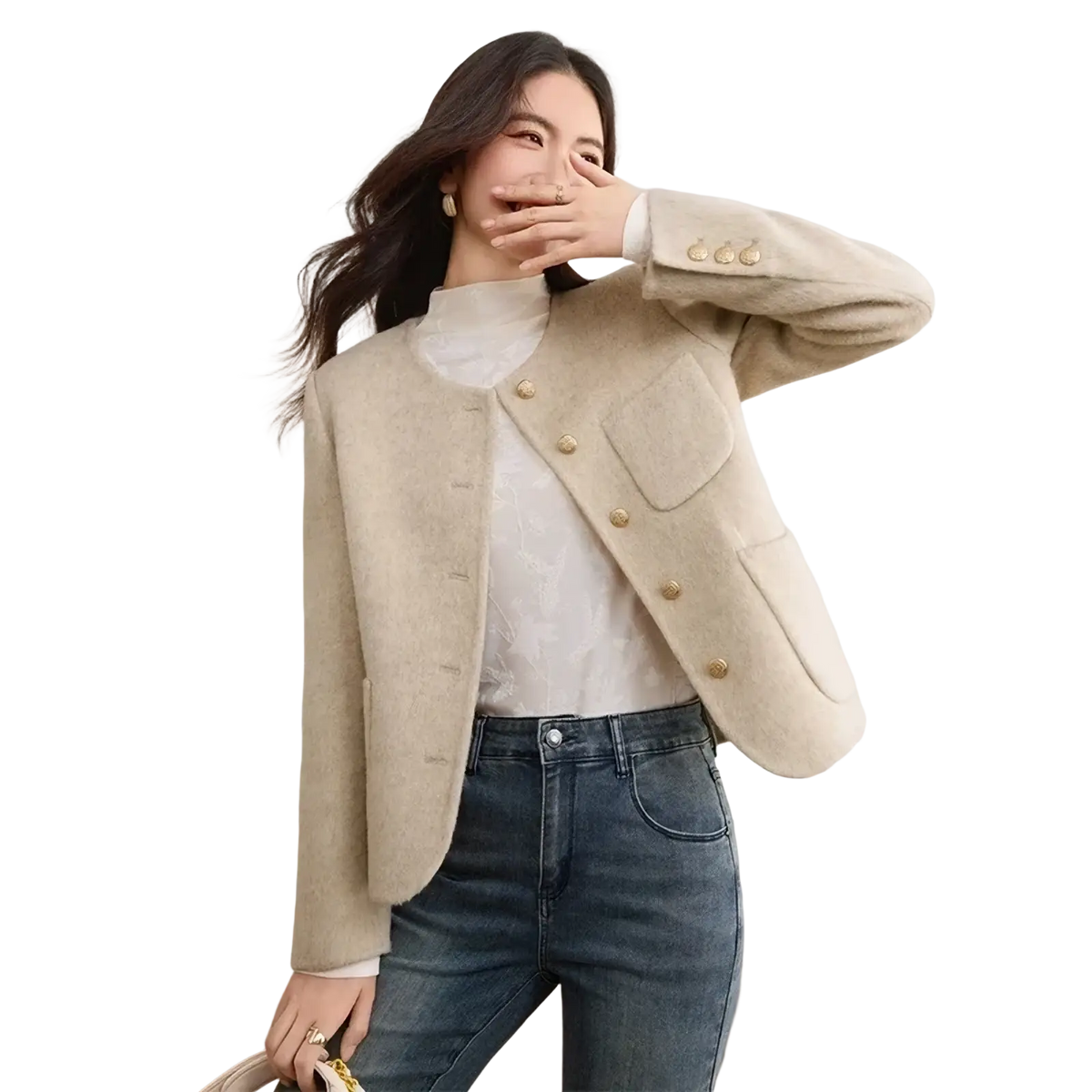 Beige wool blend short overcoat winter jacket with gold tone buttons and double breasted design from sentubila