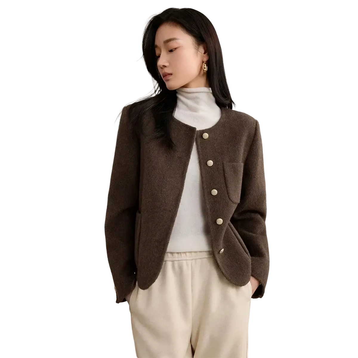 Brown textured wool blend short overcoat winter jacket with cream buttons and rounded collar for cold weather use