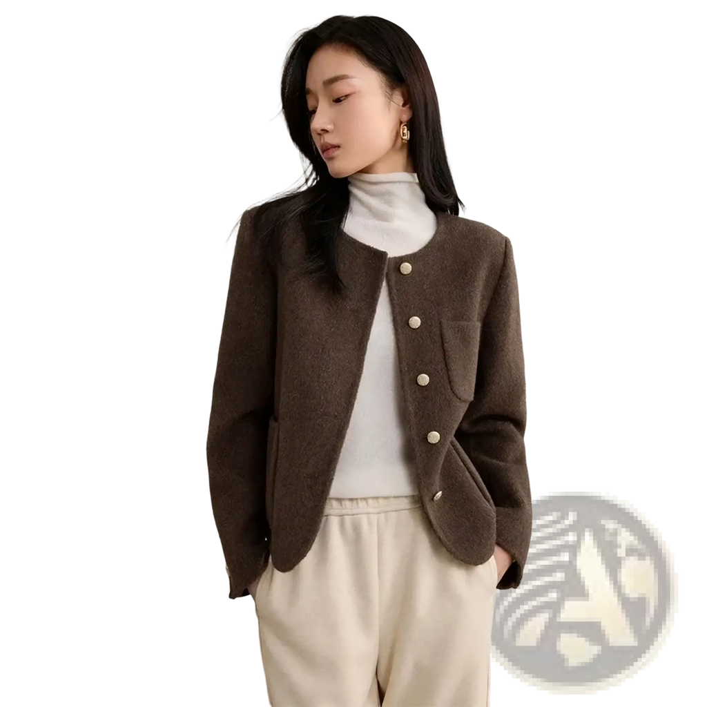 Brown textured wool blend short overcoat winter jacket with cream buttons and rounded collar for cold weather use