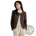Brown textured wool blend short overcoat winter jacket with cream buttons and rounded collar for cold weather use