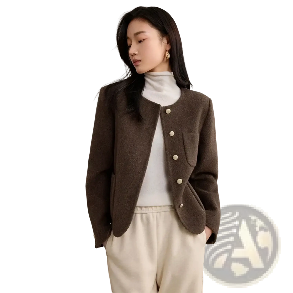 Brown textured wool blend short overcoat winter jacket with cream buttons and rounded collar for cold weather use