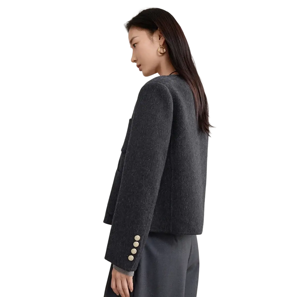 Dark gray wool blend short overcoat winter jacket with three gold toned buttons on each sleeve cuff