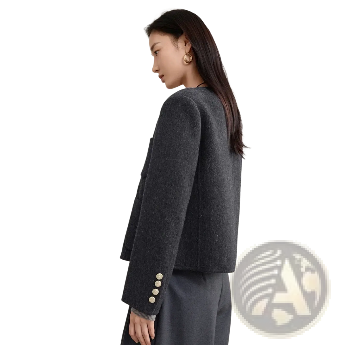Dark gray wool blend short overcoat winter jacket with three gold toned buttons on each sleeve cuff